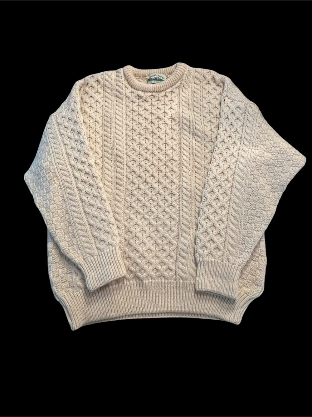 Aran Crafts Cream Cable Knit Wool Crewneck Sweater - Men